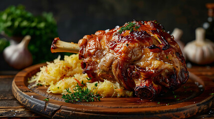 Delicious roasted pork knuckle served on wooden platter with sauerkraut