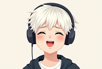 Minimalist Flat Illustration of a Cute White-Haired K-pop Boy Listening to Music: A High-Definition Front View Portrait