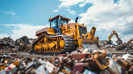 Bulldozer pushing debris at a scrapyard, industrial recycling Strong and rugged, effective and durable, waste management