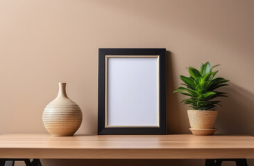 Blank frame mockup with houseplant and vase on table against wall, modern home interior.