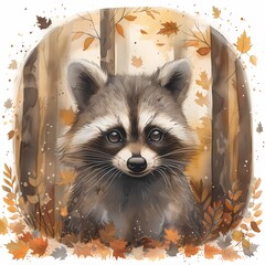 Cute Raccoon in Autumn Watercolor Illustration.