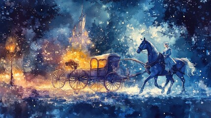 Fototapeta premium Enchanted carriage drawn by magical horses embarking on a captivating twilight journey through a dreamy watercolor landscape evoking a sense of fantasy adventure and nostalgia
