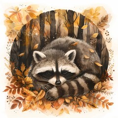 Sleeping Raccoon in Autumn Forest.