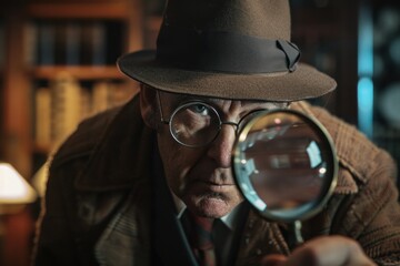 Detective wearing a brown hat and round eyeglasses is examining something using a magnifying glass