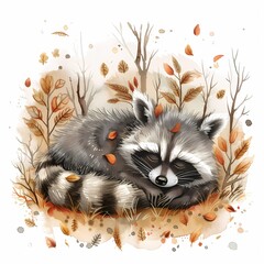 Watercolor Illustration of a Sleeping Raccoon in an Autumn Forest.