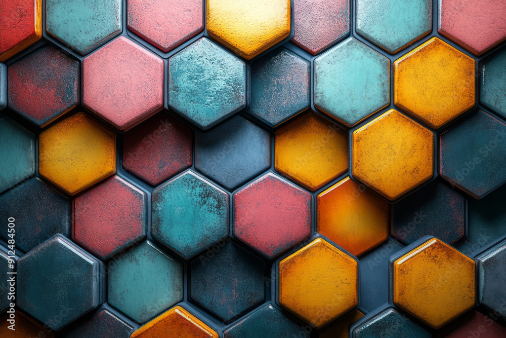 Poster clean and modern design of a geometric pattern with overlapping hexagonal tiles in soft pastel tones