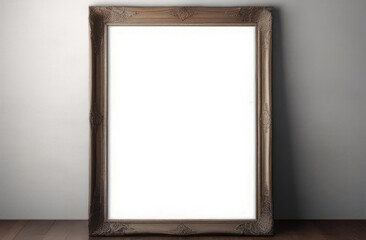 mockup of blank poster frame on table against wall, modern minimalistic home interior