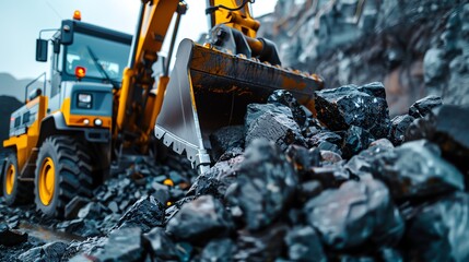 Fototapeta premium Loader moving rocks for a hiking trail construction, recreational project Heavyduty and robust, efficient and reliable, outdoor development