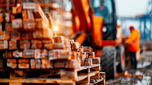 Loader moving pallets of bricks at a construction site, building materials Heavyduty and robust, efficient and reliable, material handling