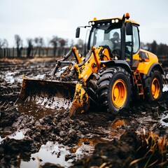 Fototapeta premium Loader moving soil for a wetlands restoration project, environmental conservation Heavyduty and robust, efficient and reliable, ecological project