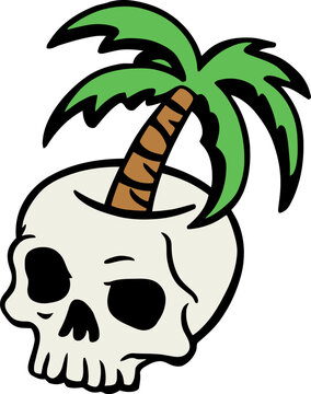retro skull with a palm tree growing out of its top vector illustration
