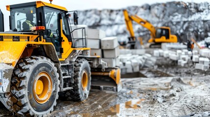 Fototapeta premium Loader transporting concrete blocks at a building site, heavy construction Heavyduty and robust, efficient and reliable, material handling