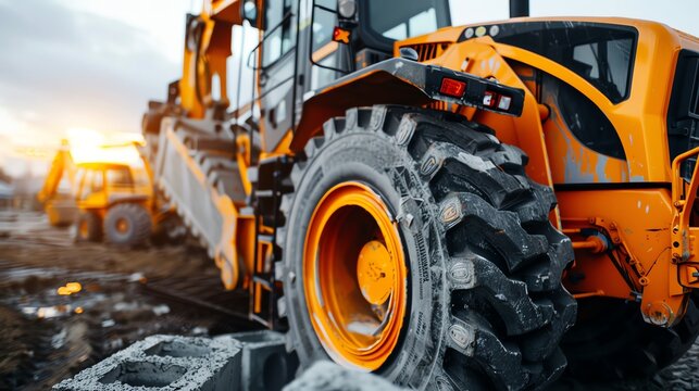 Loader transporting concrete blocks at a building site, heavy construction Heavyduty and robust, efficient and reliable, material handling