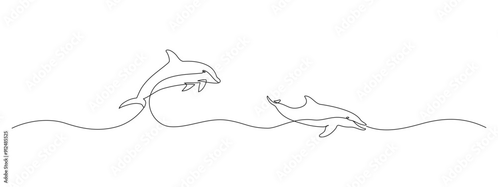 Poster one continuous line drawing of couple of dolphin. sea animal in wildlife in simple linear style. sum