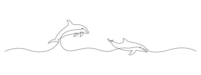 One continuous line drawing of couple of dolphin. Sea animal in wildlife in simple linear style. Summer concept in Editable stroke. Doodle vector illustration © Olga Rai