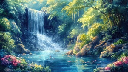 Obraz premium Enchanted Waterfall Grotto in Whimsical Watercolor Landscape Hidden magical creek and pond filled with mystical creatures in a lush verdant and serene fairy tale setting