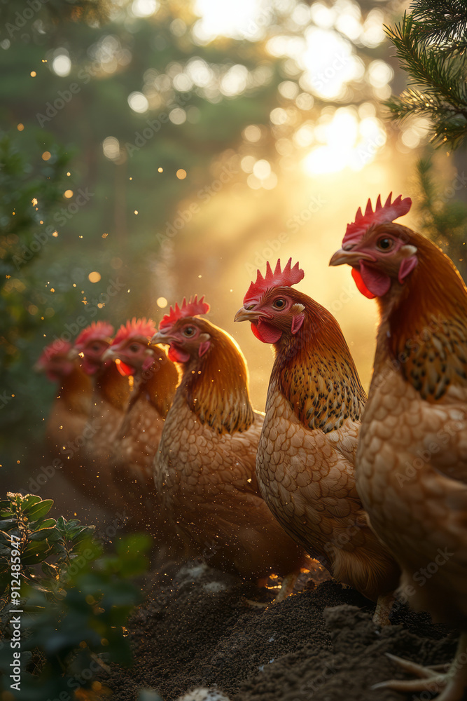 Poster a group of chickens enjoying a dust bath, with contented clucks and soft feathers,