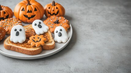 Halloween breakfast platter with pumpkin spice toast, ghost-shaped cookies, and festive decorations