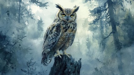 Majestic giant talking owl perched on an ancient twisted tree in a mystical ethereal forest  The watercolor evokes a sense of fantasy wonder and the mystical energy of the natural world
