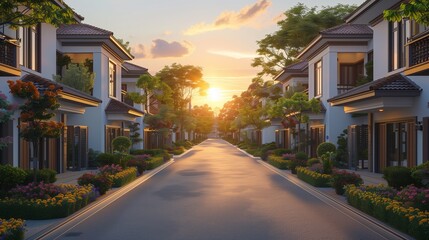 Obraz premium Beautiful Sunset Over Serene Residential Street Surrounded by Colorful Flower Gardens