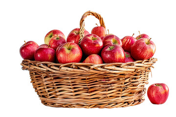 Basket of freshly picked apples from an orchard isolated on clear white background displaying freshness