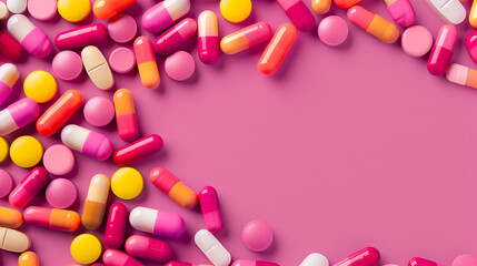 Assorted pills scattered on pink background