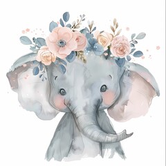 Cute Elephant with Floral Crown Watercolor Illustration.