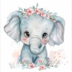 Cute Watercolor Elephant with Flowers.