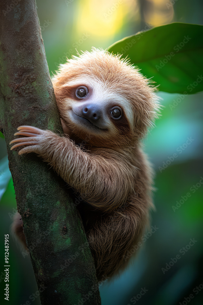 Poster A lazy sloth hanging from a tree branch, enjoying the tranquil atmosphere of the rainforest,