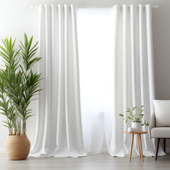 Bright bedroom with white curtains flowing gracefully from a ceiling rod, complemented by a potted plant and a cozy chair, creating a tranquil and inviting space with abundant natural light