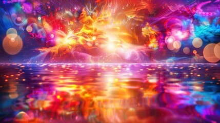 Fototapeta premium Vibrant Abstract Background With Sparkling Particles Glowing Over Colorful Water Reflection