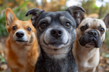 Obraz premium Macro shot of a Husky, Pug, Border Collie, and French Bulldog, all staring into the camera, capturing a fun selfie,
