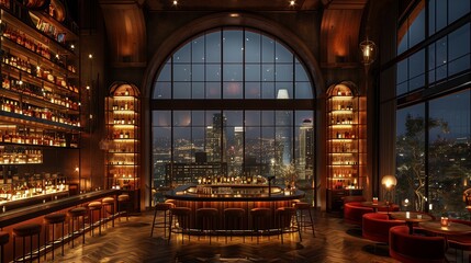 Naklejka premium Elegant Bar Interior With City View at Night Featuring Ambient Lighting and Stylish Decor