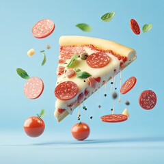Naklejka premium Floating slice of pepperoni pizza surrounded by fresh ingredients against a light blue background