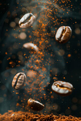 Close-Up of Flying Coffee Beans with Coffee Grounds