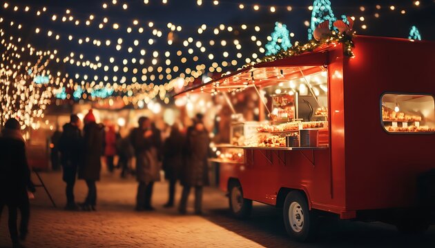 Red Food Truck at a Christmas Market