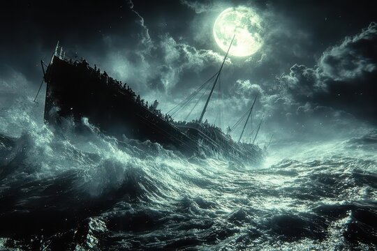 dramatic recreation of titanic sinking bow rising from turbulent ocean as passengers cling to tilting deck moonlit night sky