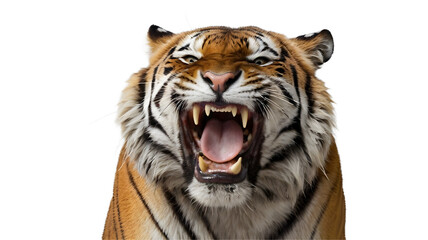 Obraz premium A tiger roars and growls showing its fangs isolated on white transparent background png 
