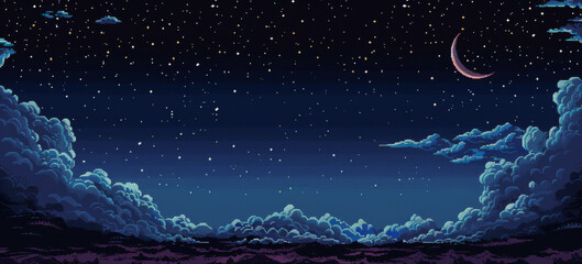 Pixel Art of Starry Night Sky with Crescent Moon Illustration
