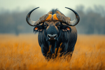 A magnificent African buffalo standing tall, feeling powerful and at ease,