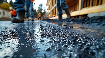 Obraz premium A photograph of construction workers smoothing out freshly poured concrete on a building site, taken from a low angle, showcasing the precision and teamwork involved.