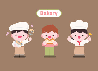 베이커리 제빵사 캐릭터 일러스트.
세 명의 귀여운 제빵사 캐릭터들, 다양한 작업을 하는 컬러 일러스트.