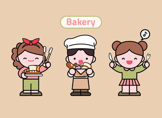 베이커리 캐릭터 컬러 일러스트.
베이커리에서 일하는 세 명의 귀여운 캐릭터들, 컬러 일러스트.