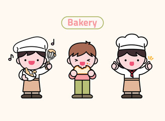 베이커리 캐릭터 컬러 일러스트.
베이커리에서 일하는 세 명의 귀여운 캐릭터들, 컬러 일러스트.
