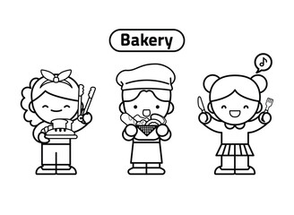 베이커리 캐릭터 흑백 일러스트.
빵집에서 일하는 귀여운 캐릭터들의 흑백 일러스트.