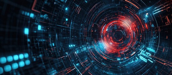 Obraz premium Futuristic digital cyberspace with data network connections and HUD user interface elements in an illustrated background