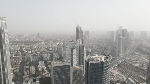 Aerial video above skyscrapers in the city of Ramat Gan Israel