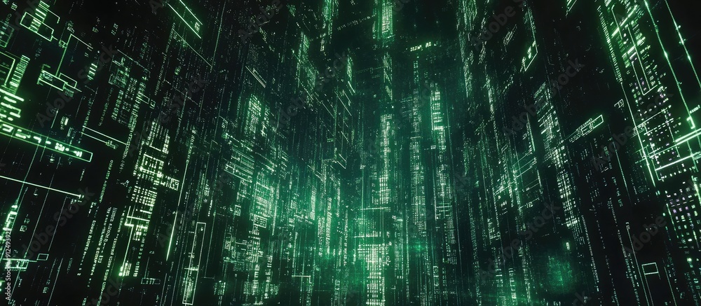 Poster futuristic digital matrix display featuring encrypted data telemetry ideal for high tech computer de