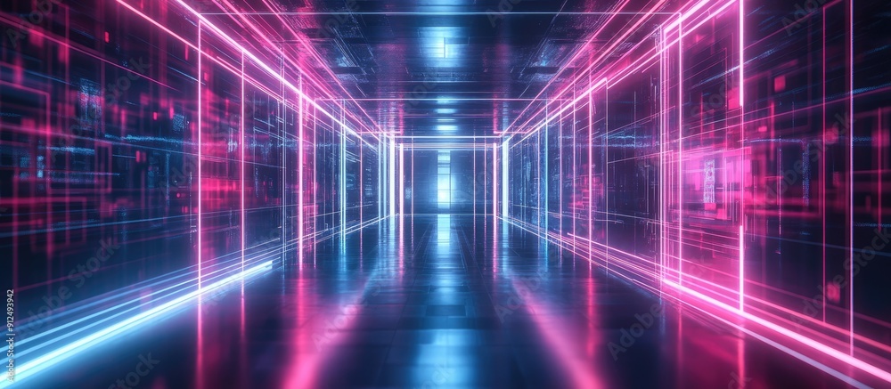 Poster futuristic neon light background with reflective floor abstract virtual reality and internet data ne
