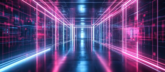 Obraz premium Futuristic Neon Light Background with Reflective Floor Abstract Virtual Reality and Internet Data Network Connection 3D Rendered Scene